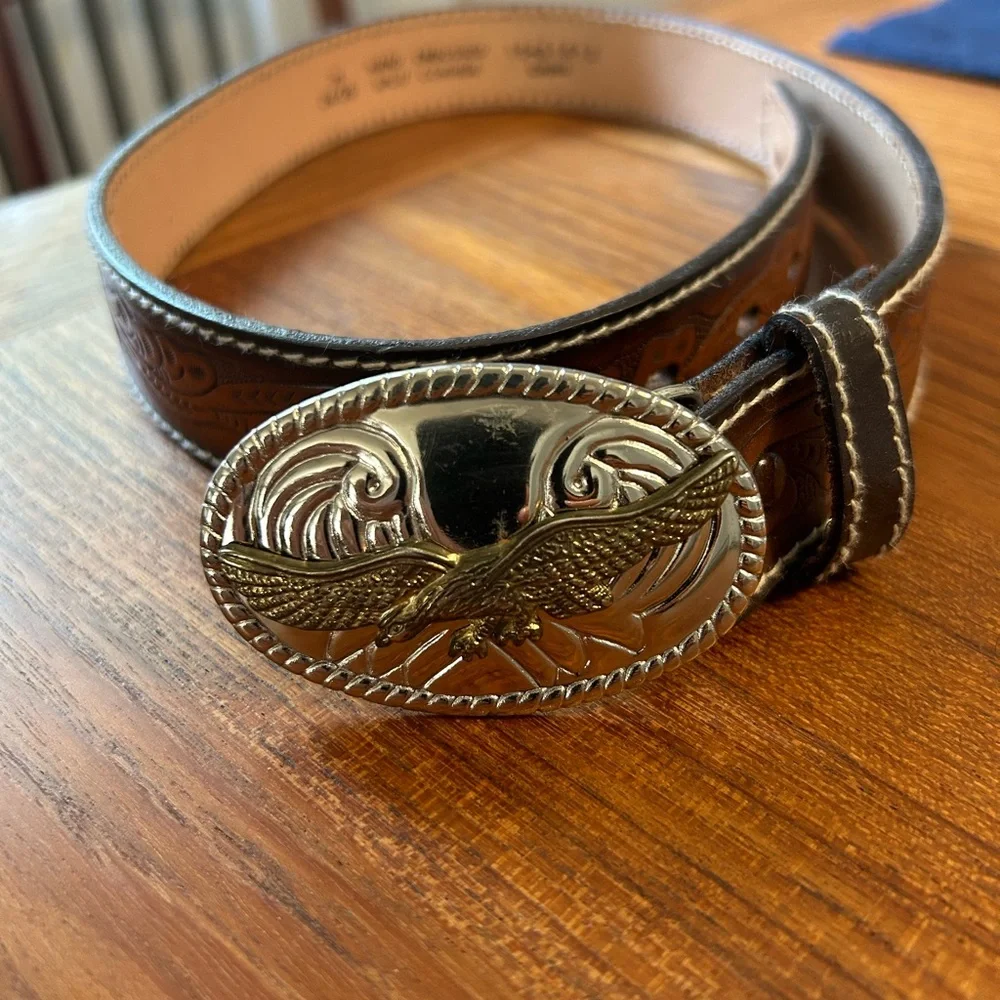 Brown Leather Belt with Silver Eagle Buckle - Picture 2 of 3
